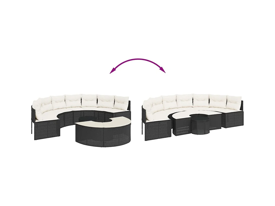 Salon de jardin 3 pcs demi-rond noir résine tressée