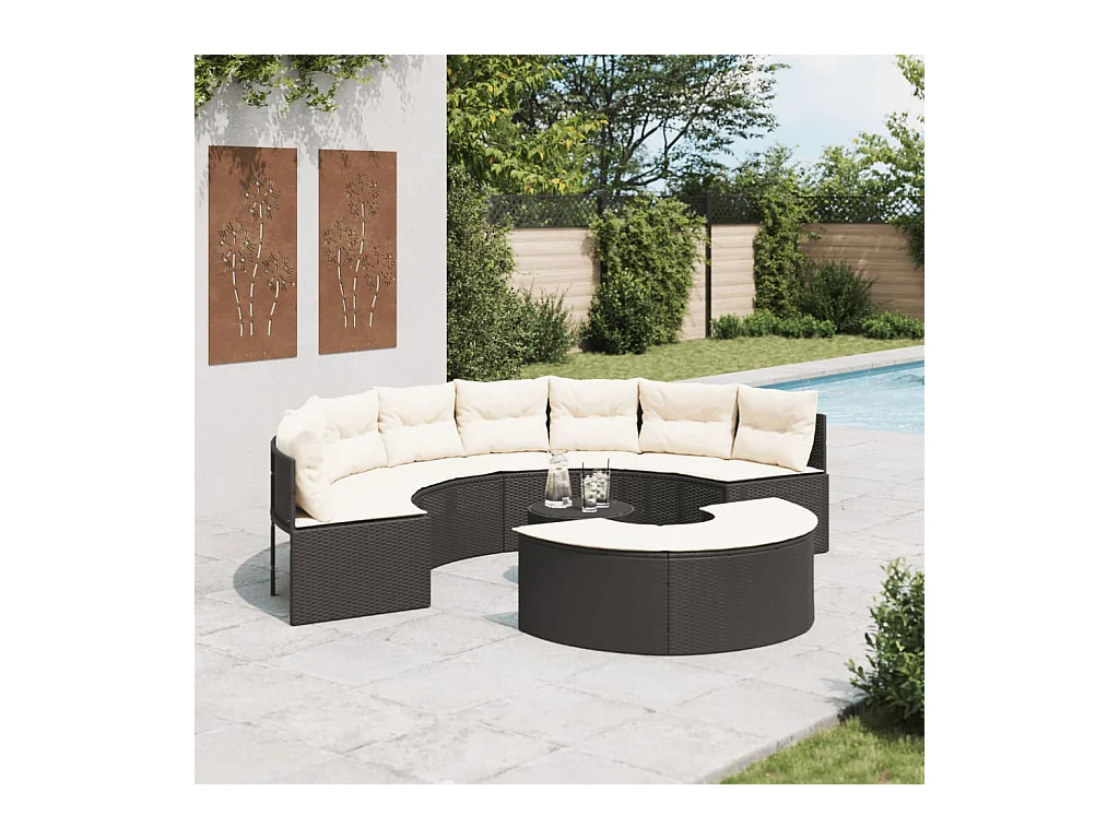 Salon de jardin 3 pcs demi-rond noir résine tressée