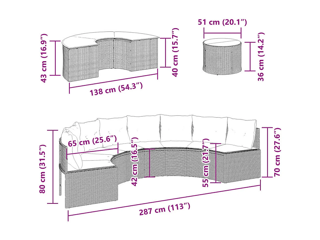 3-tlg. Garten-Sofagarnitur Halbrund Schwarz Poly-Rattan