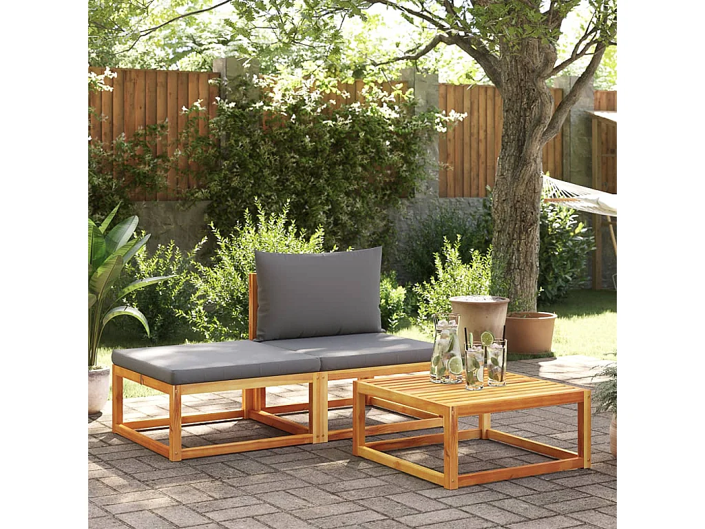 Ensemble de canapés de jardin 3 pièces avec coussins, bois d'acacia et corde,