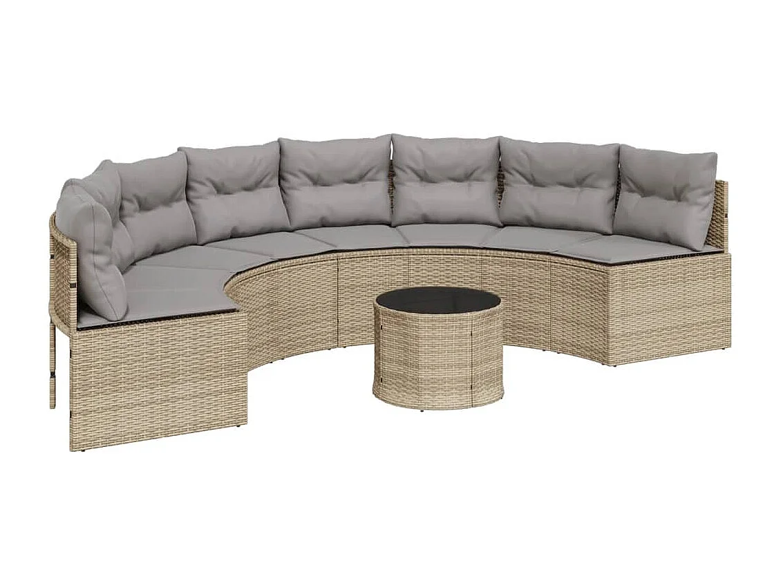Divano Giardino Tavolo e Cuscini Semicircolare Beige Polyrattan