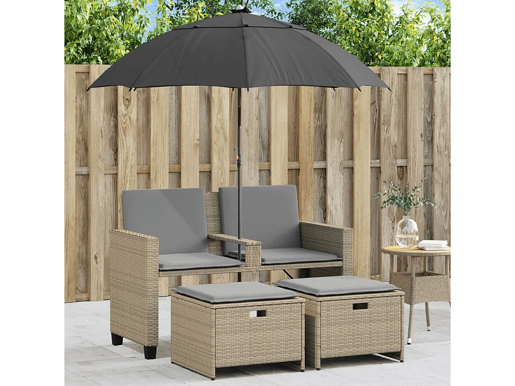 Tuinbank 2-zits met parasol en voetenbanken poly rattan beige