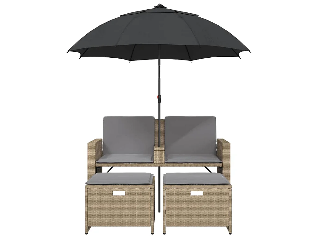 Tuinbank 2-zits met parasol en voetenbanken poly rattan beige