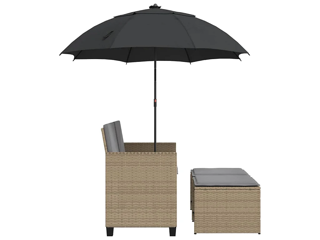 Tuinbank 2-zits met parasol en voetenbanken poly rattan beige