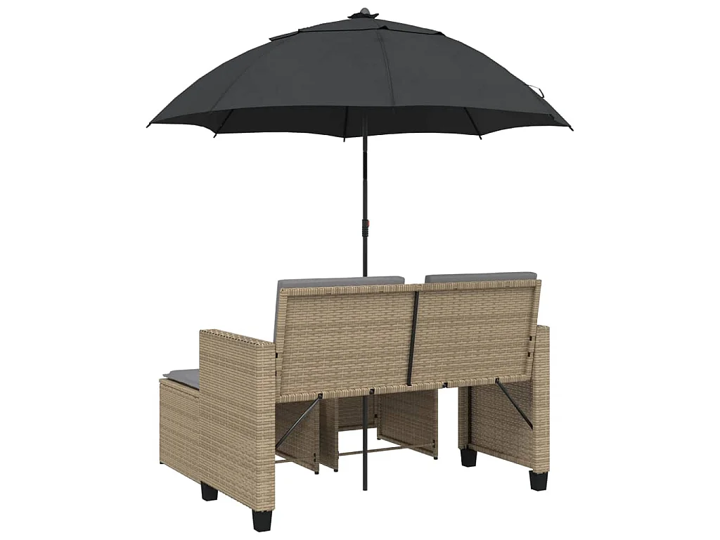Tuinbank 2-zits met parasol en voetenbanken poly rattan beige