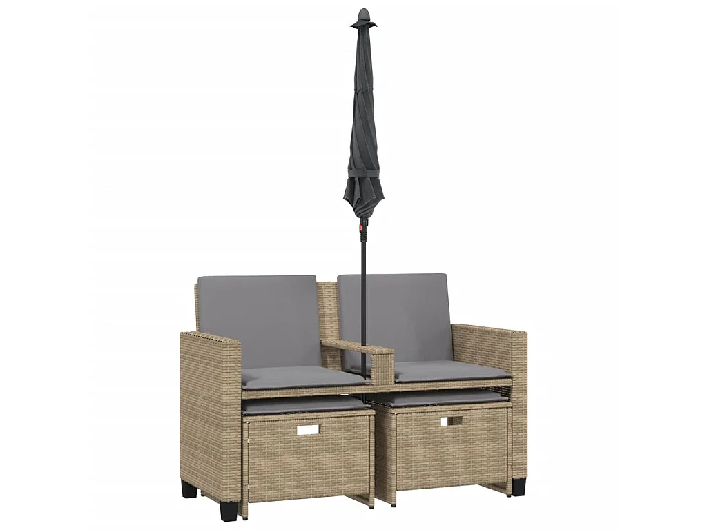Tuinbank 2-zits met parasol en voetenbanken poly rattan beige
