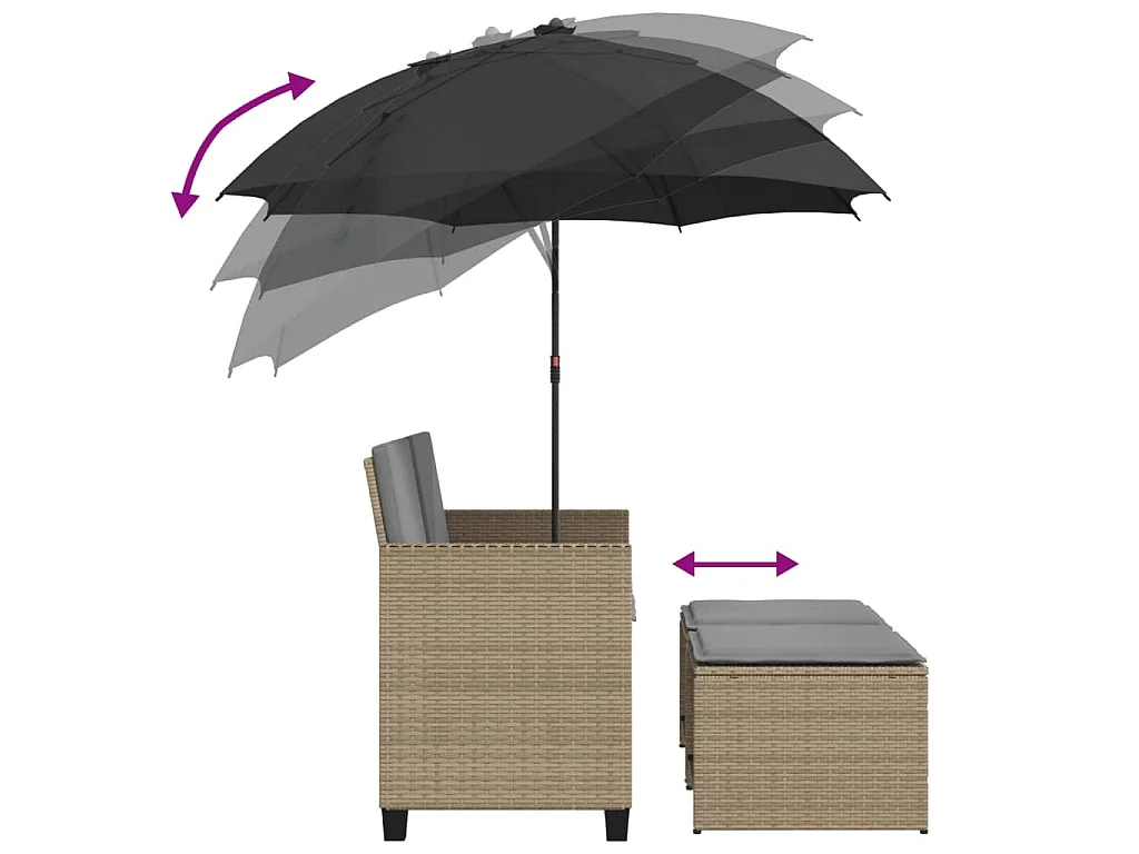 Tuinbank 2-zits met parasol en voetenbanken poly rattan beige