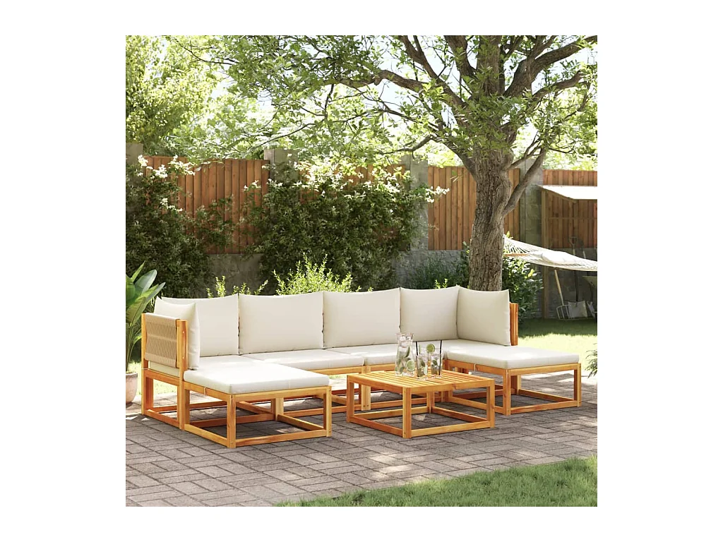 Ensemble de canapés de jardin 7 pièces avec coussins, bois d'acacia et corde,