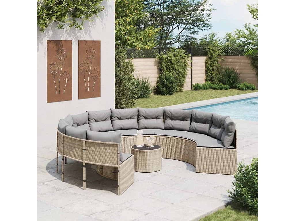 Divano Giardino con Tavolo e Cuscini Circolare Beige Polyrattan