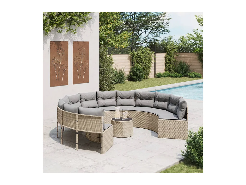 Tuinbank met tafel en kussens rond poly rattan beige