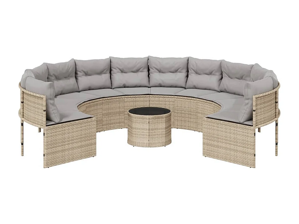 Gartensofa mit Tisch und Kissen Rund Beige Poly-Rattan