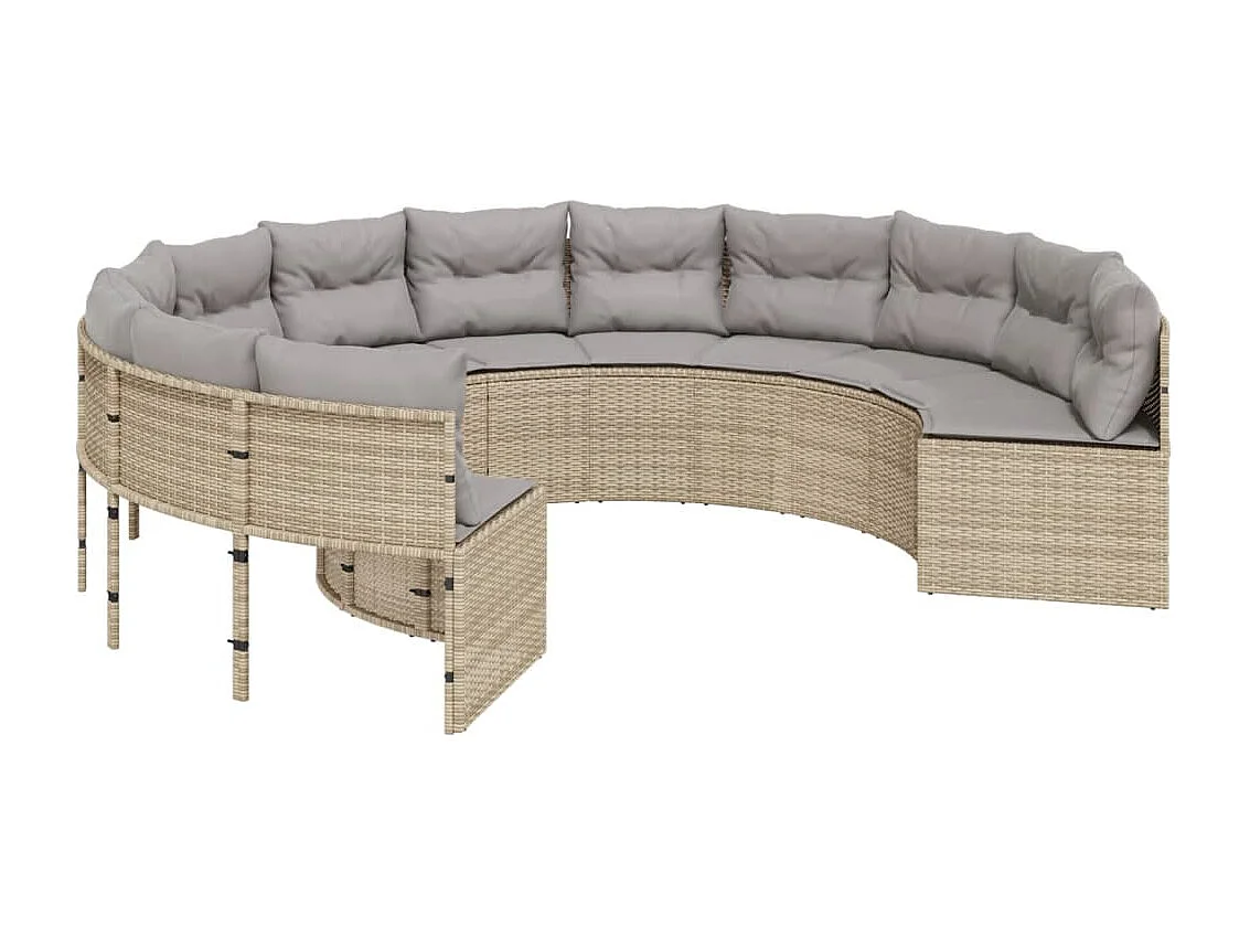 Gartensofa mit Tisch und Kissen Rund Beige Poly-Rattan