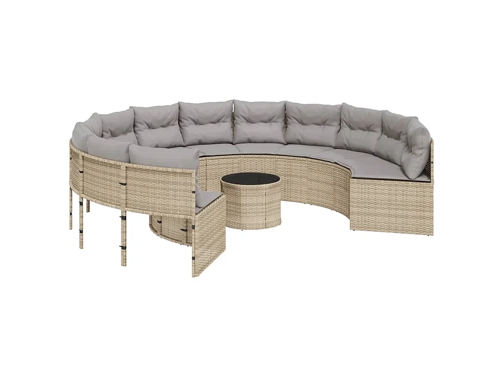 Divano Giardino con Tavolo e Cuscini Circolare Beige Polyrattan