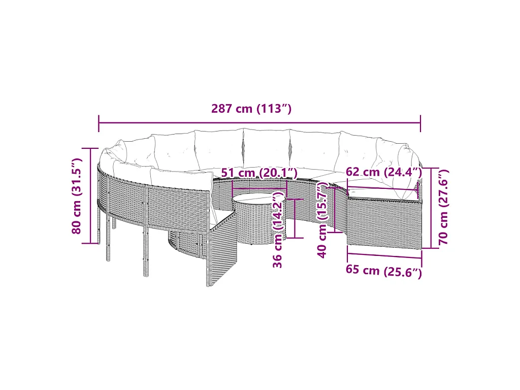 Divano Giardino con Tavolo e Cuscini Circolare Beige Polyrattan
