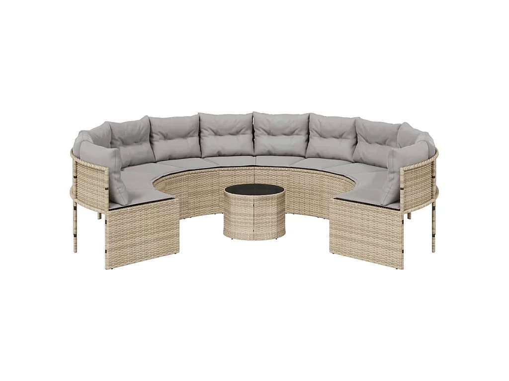 Divano Giardino con Tavolo e Cuscini Circolare Beige Polyrattan
