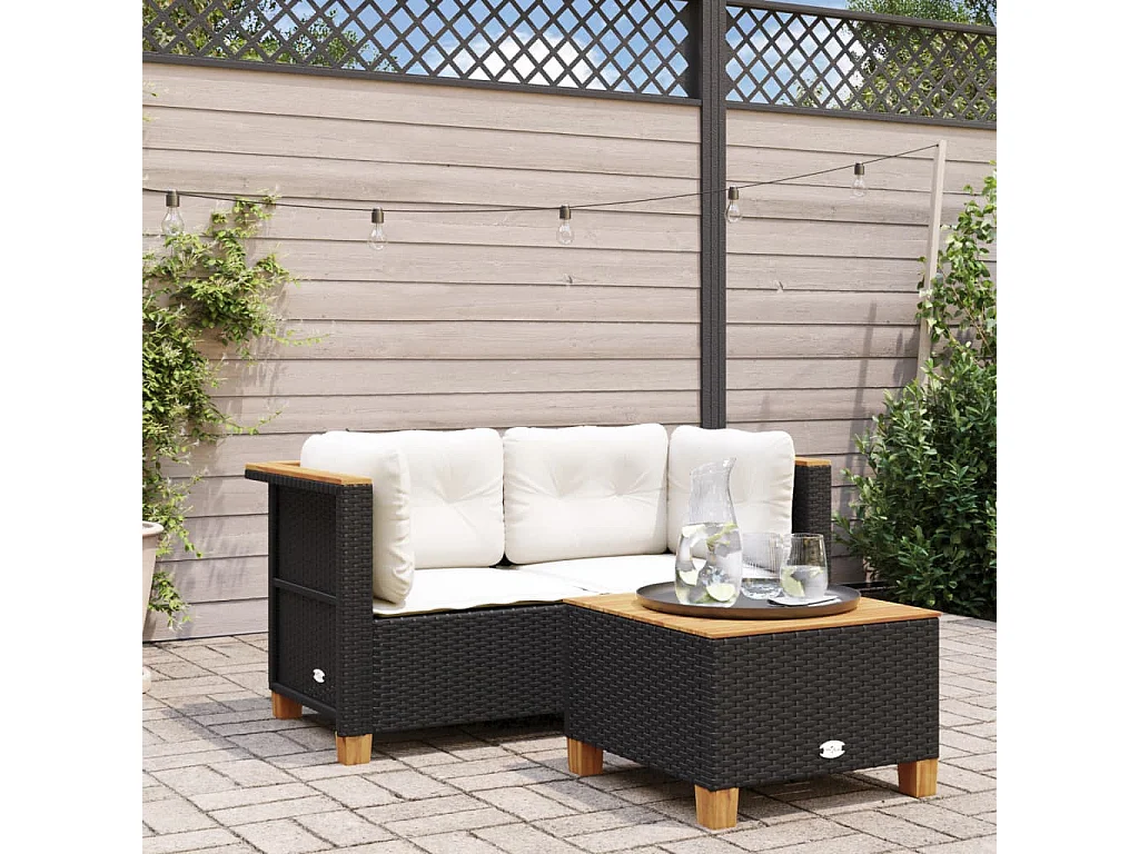 Sofás de canto p/ jardim c/ almofadões 2 pcs vime PE preto