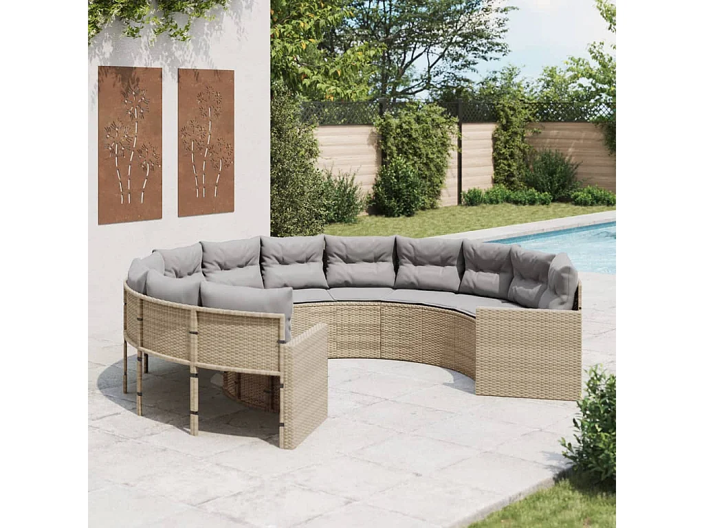 Sofá de jardín redondo con cojines ratán sintético beige