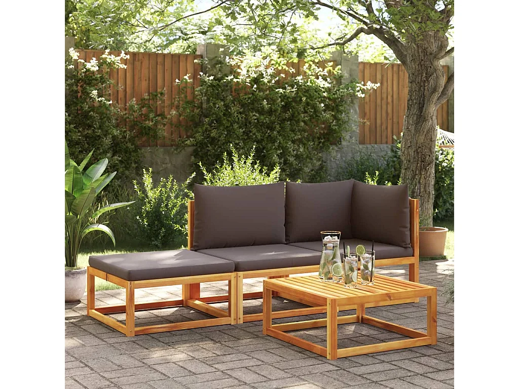Set di divani da giardino 3 pezzi con cuscini in legno di acacia e corda