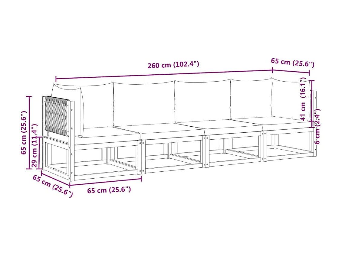 Ensemble de canapés de jardin 4 pièces avec coussins en bois d'acacia et corde