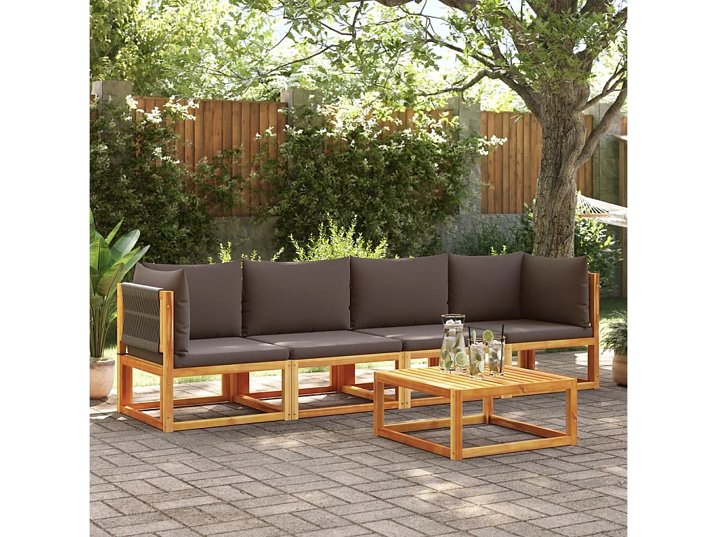 Ensemble de canapés de jardin 4 pièces avec coussins en bois d'acacia et corde