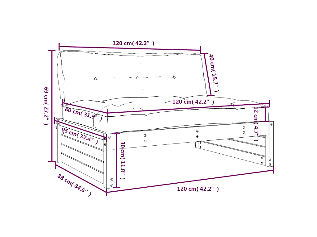 Divano Centrale 120x80 cm in Legno Massello di Pino Bianco
