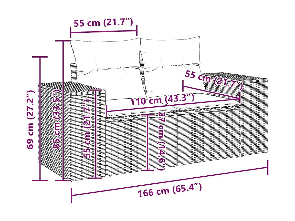 Tuinbank 2-zits met kussens poly rattan lichtgrijs