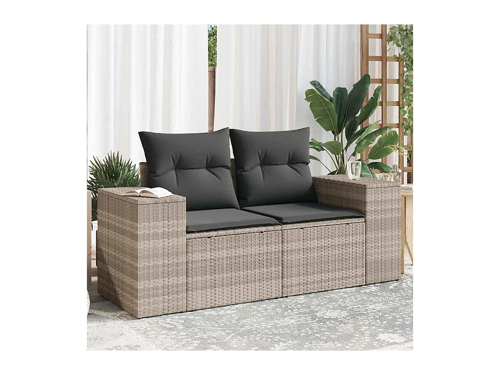 Gartensofa mit Kissen 2-Sitzer Hellgrau Poly Rattan