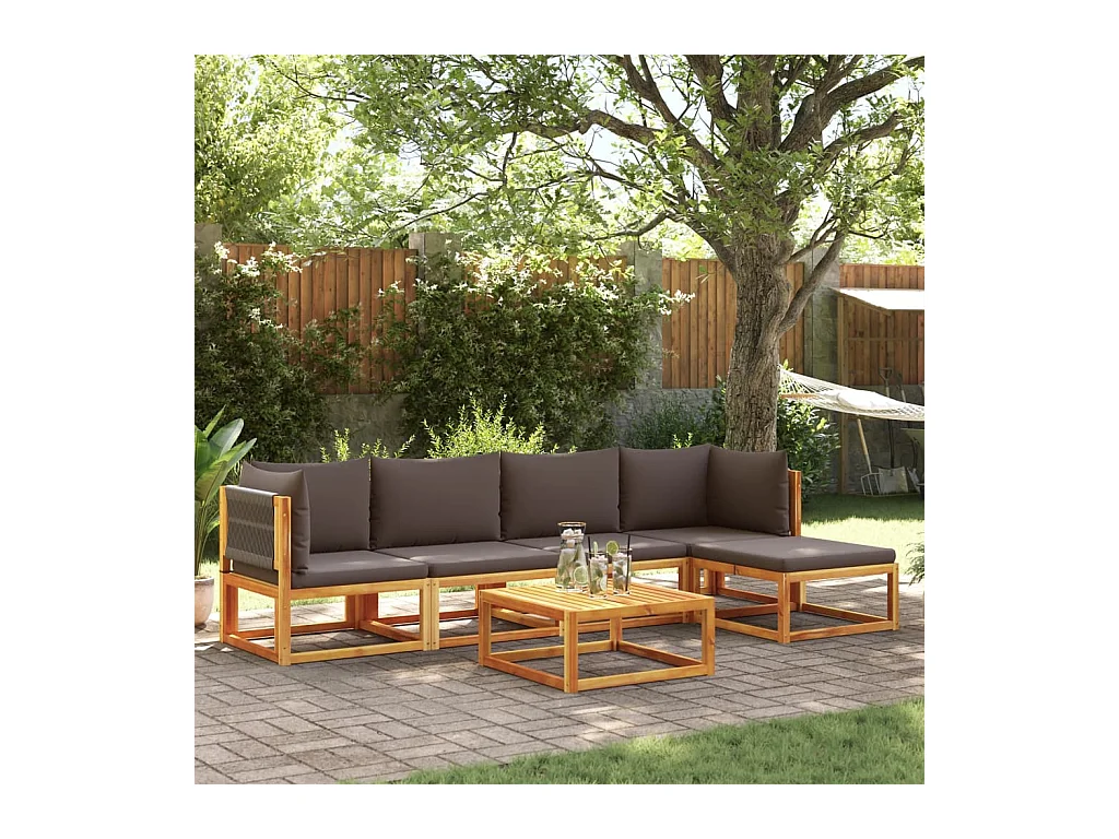 Ensemble de canapés de jardin 6 pièces avec coussins en bois d'acacia et corde