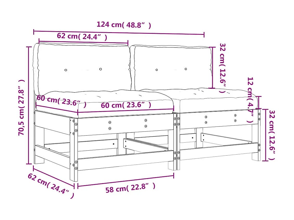 Canapés centraux avec coussins 2 pcs bois de pin massif