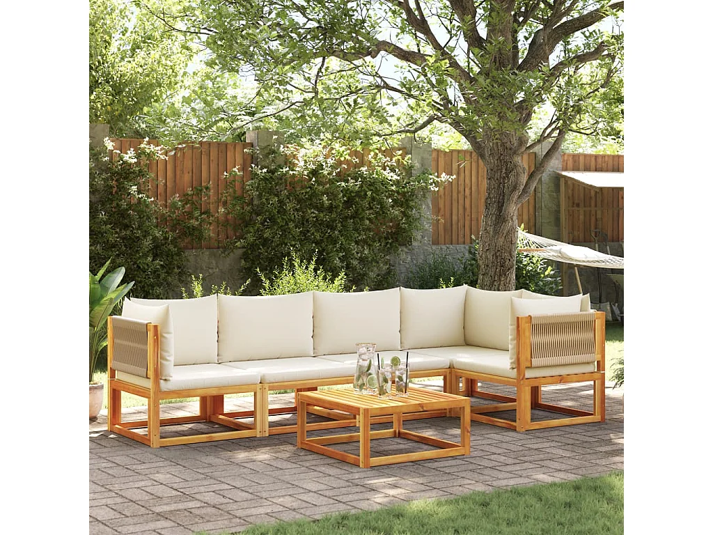Ensemble de canapés de jardin 6 pièces avec coussins en bois d'acacia et corde