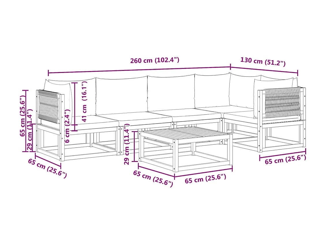 Ensemble de canapés de jardin 6 pièces avec coussins en bois d'acacia et corde