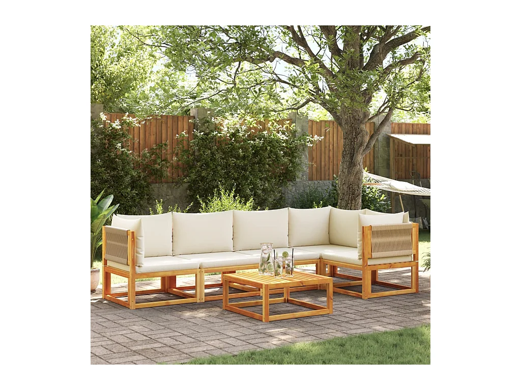 Ensemble de canapés de jardin 6 pièces avec coussins en bois d'acacia et corde