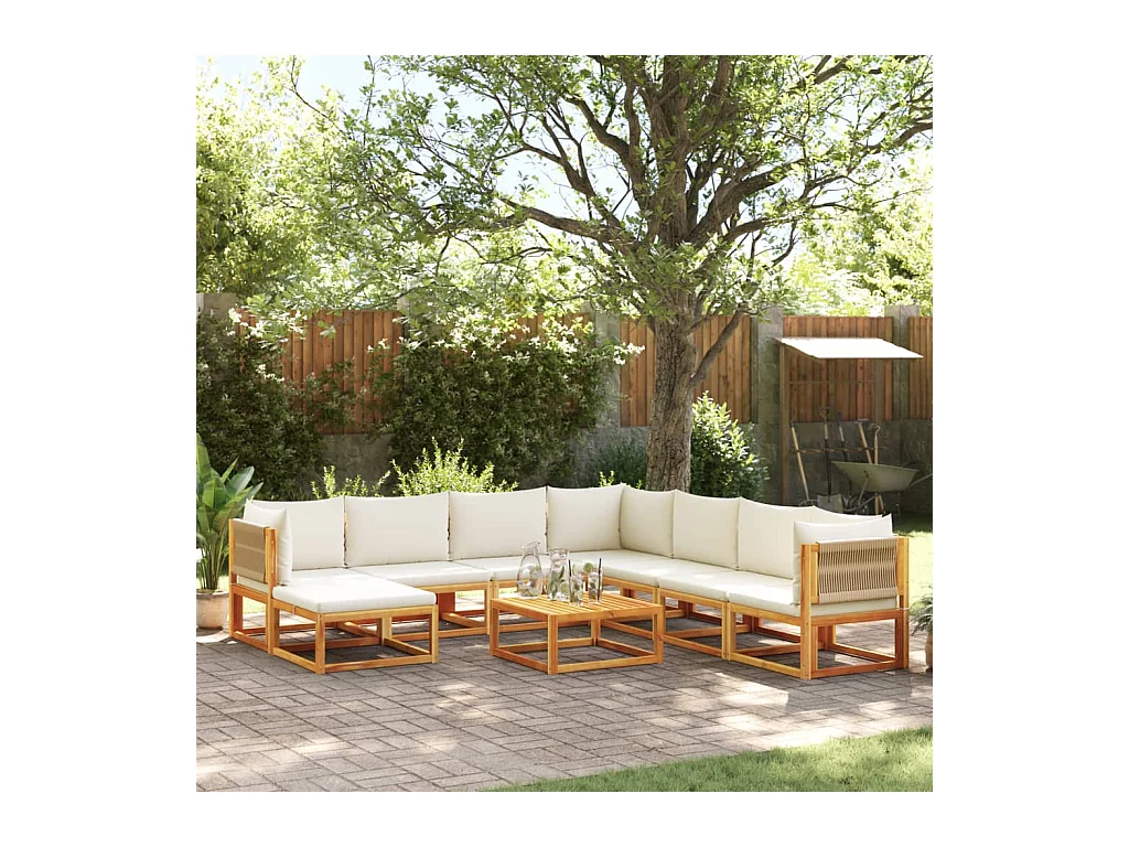 Conjunto de sofás de jardim  de 9 peças com almofadas de madeira de acácia e corda
