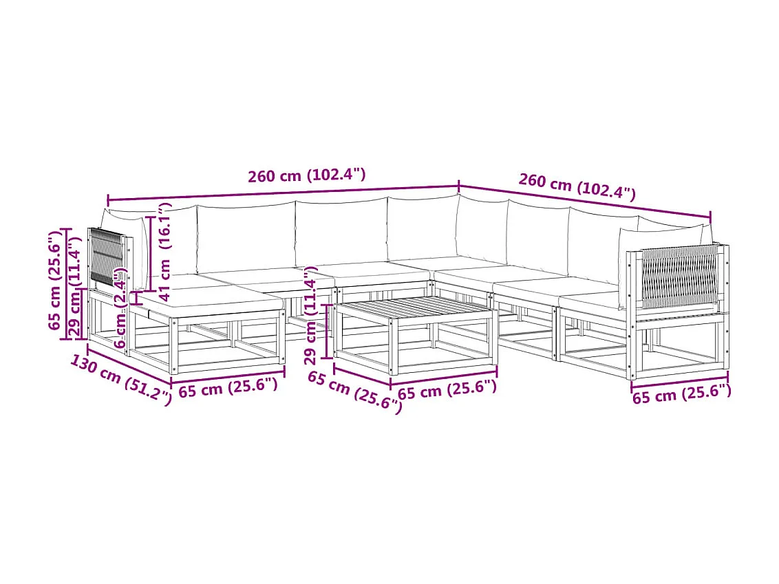 Ensemble de canapés de jardin 9 pièces avec coussins en bois d'acacia et corde