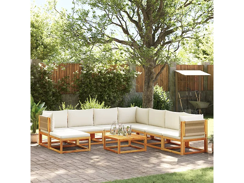 Ensemble de canapés de jardin 9 pièces avec coussins en bois d'acacia et corde