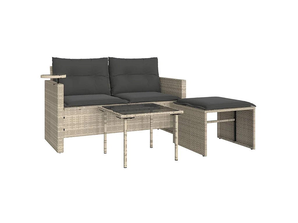 Salon de jardin avec coussins 3 pcs gris clair résine tressée