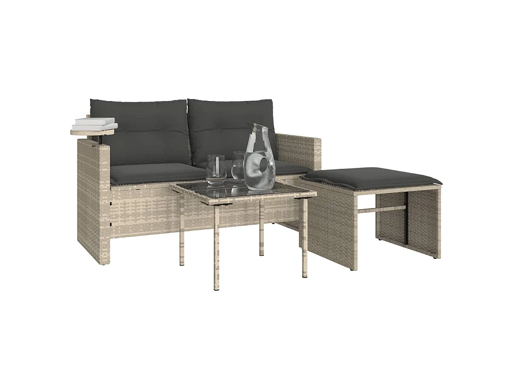 Salon de jardin avec coussins 3 pcs gris clair résine tressée
