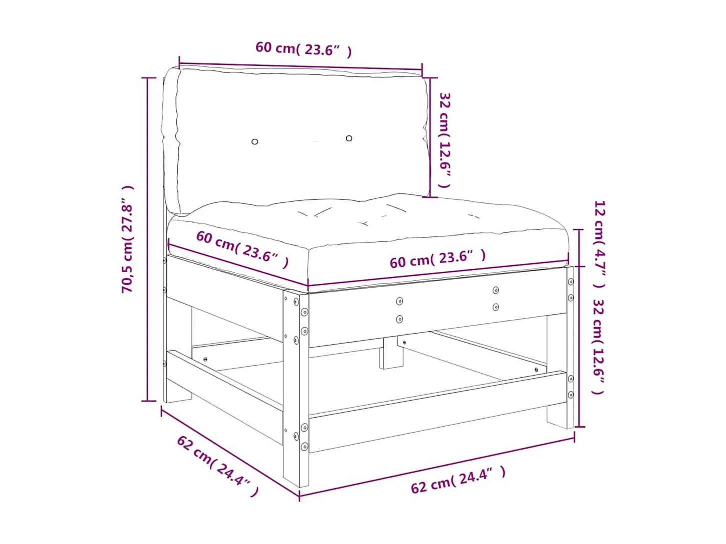 Divano Centrale con Cuscini in Legno di Pino