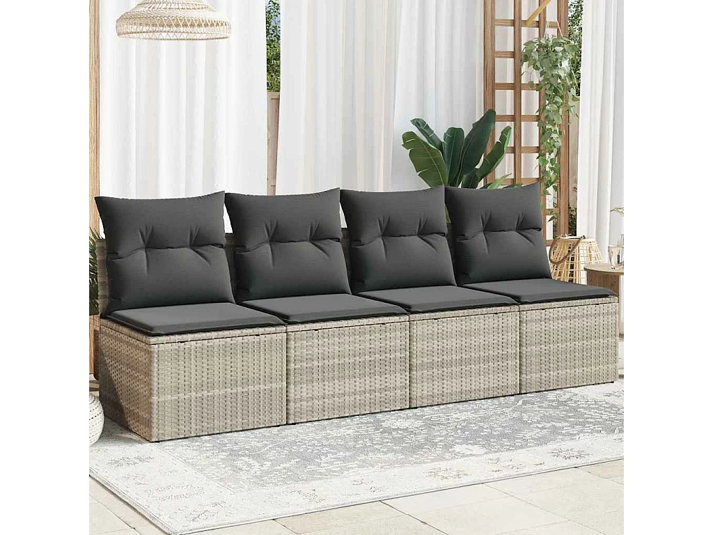 Sofá jardim de 4 lugares com almofadões vime PE cinzento claro