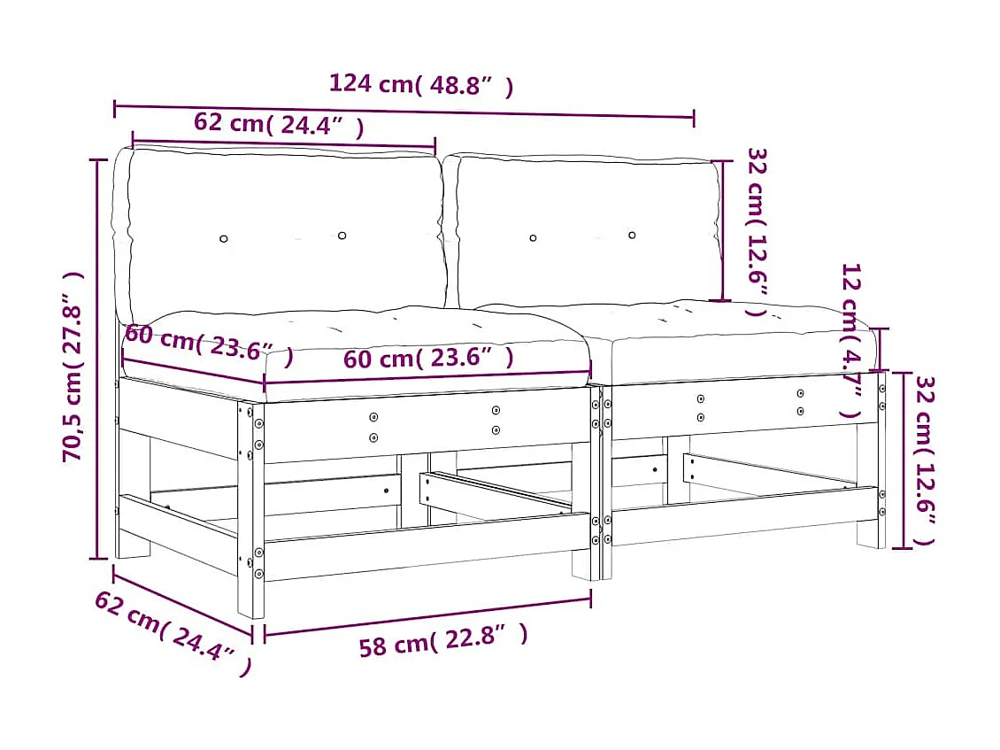 Canapés centraux avec coussins 2 pcs gris bois de pin massif