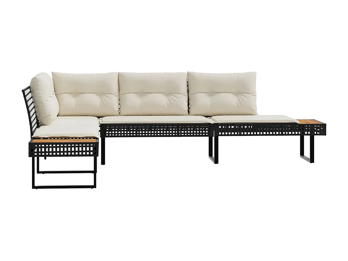 Gartensofa in L-Form mit Kissen Schwarz Poly Rattan und Akazie