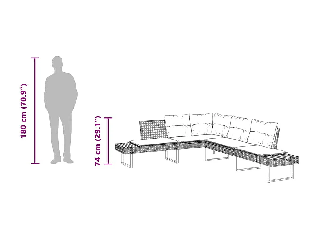 Gartensofa in L-Form mit Kissen Schwarz Poly Rattan und Akazie