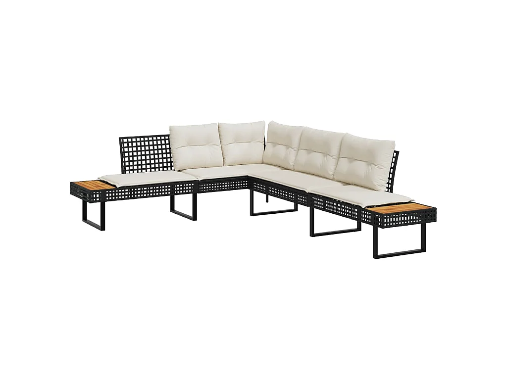 Gartensofa in L-Form mit Kissen Schwarz Poly Rattan und Akazie