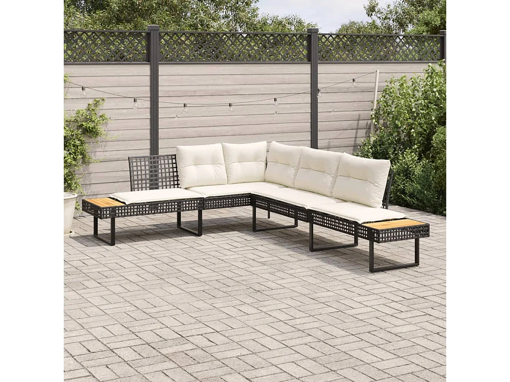 Gartensofa in L-Form mit Kissen Schwarz Poly Rattan und Akazie