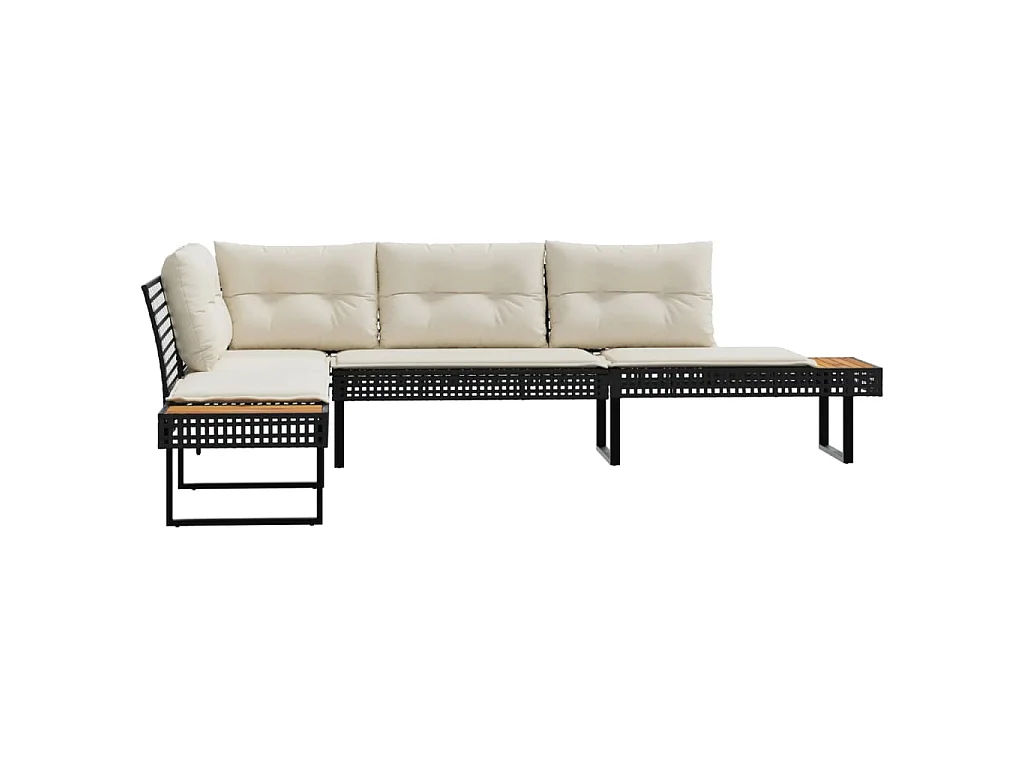 Gartensofa in L-Form mit Kissen Schwarz Poly Rattan und Akazie