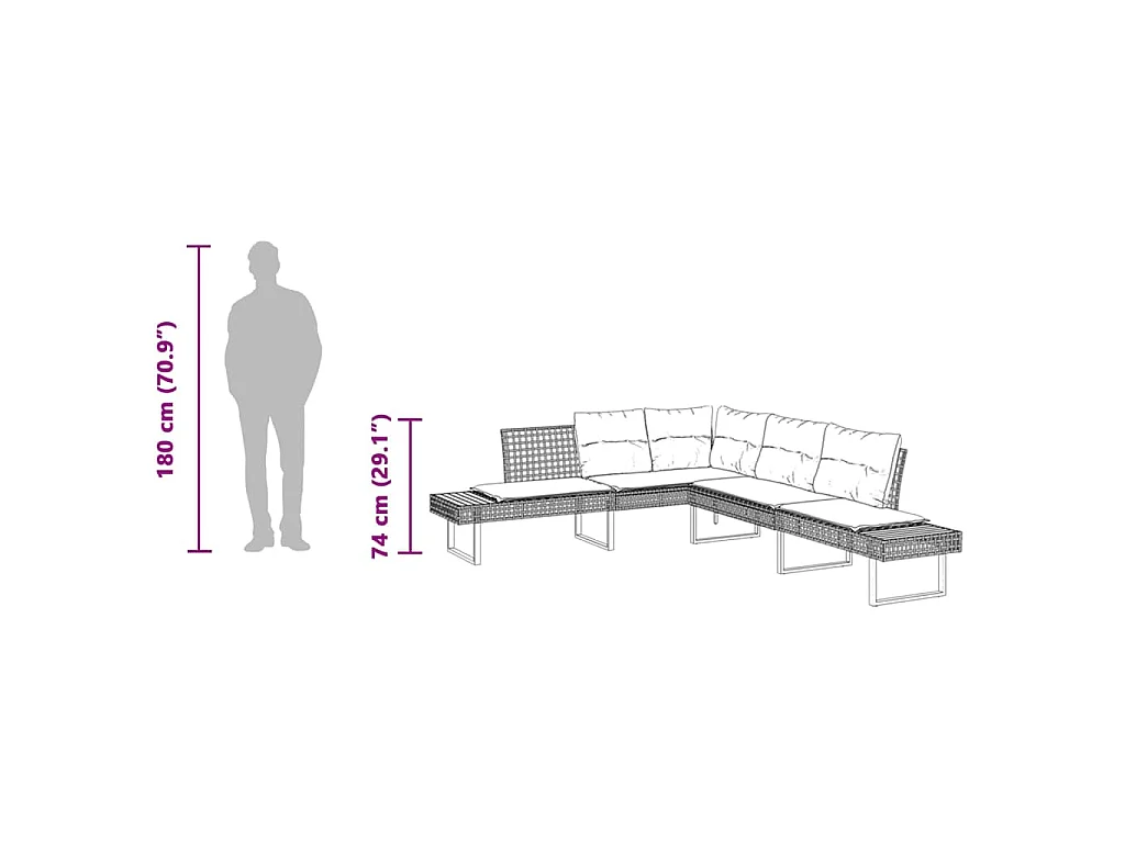Gartensofa in L-Form mit Kissen Schwarz Poly Rattan und Akazie