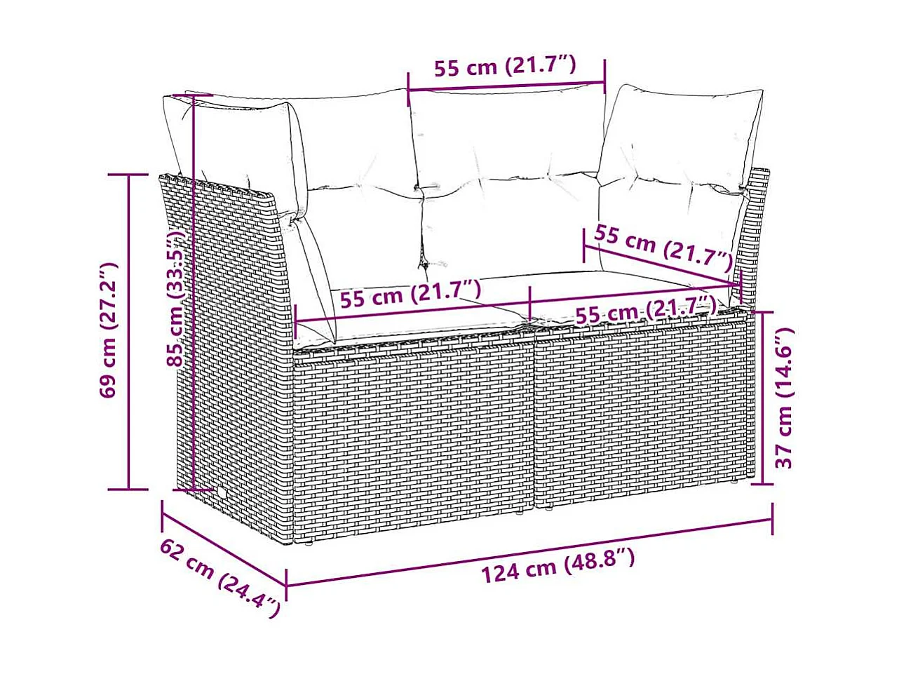 Tuinbank 2-zits met kussens poly rattan lichtgrijs