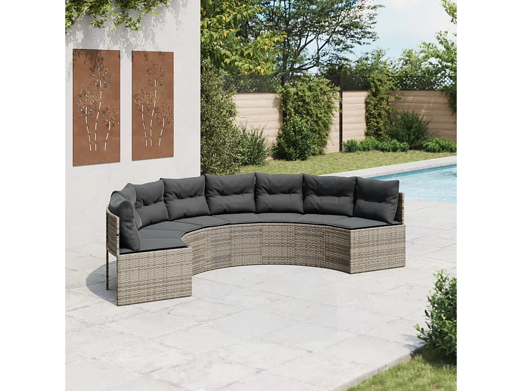 Tuinbank met kussens halfrond poly rattan grijs