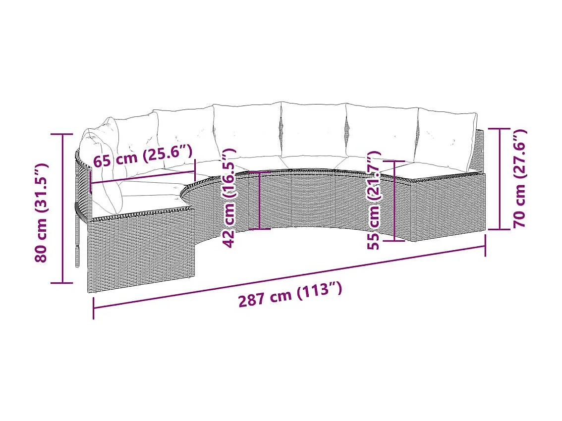 Tuinbank met kussens halfrond poly rattan grijs