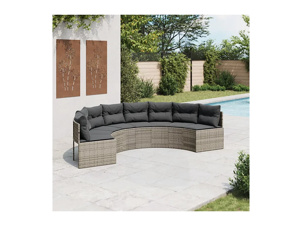 Gartensofa mit Kissen Halbrund Grau Poly Rattan